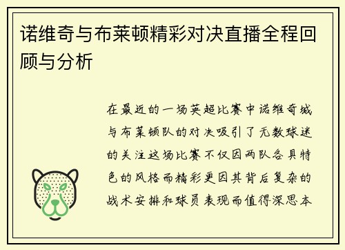 诺维奇与布莱顿精彩对决直播全程回顾与分析